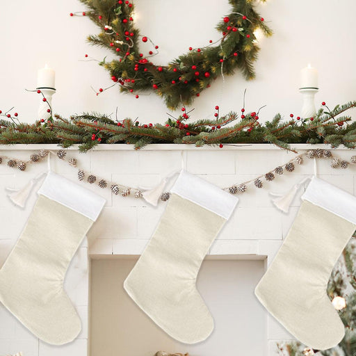 17" Blank Linen Christmas Stocking with Tassel-Andaz Press-Set of 1-Ivory-