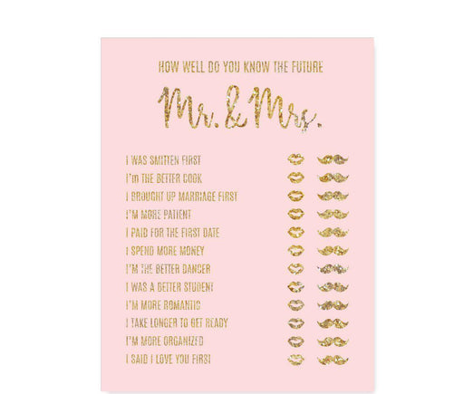Blush Pink Gold Glitter Print Wedding Bridal Shower Game Cards-Set of 20-Andaz Press-How Well Do You Know The Future Mr./Mrs.?-