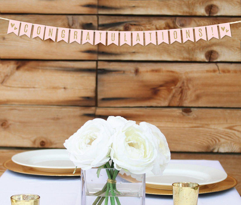 Blush Pink Gold Glitter Print Wedding Hanging Pennant Banner with String-Set of 1-Andaz Press-Congratulations!-