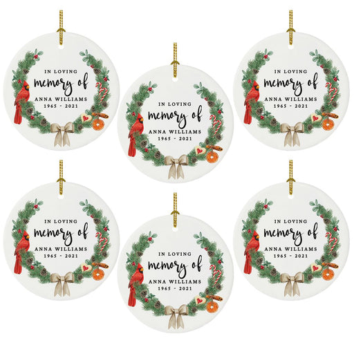 Bulk Custom In Loving Memory Round Porcelain Ornament, Loss Of Loved One Bereavement Sympathy-Set of 6-Andaz Press-Pine Wreath Cardinal Bird-