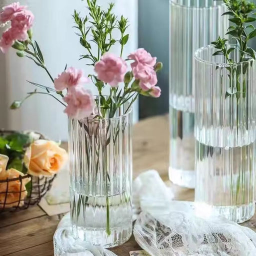 Clear Ribbed Glass Cylinder Vase Set, Set of 3-Set of 3-Koyal Wholesale-