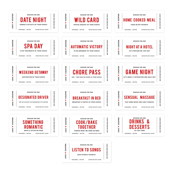 Couples Coupons-Set of 16-Andaz Press-Red and White Love-