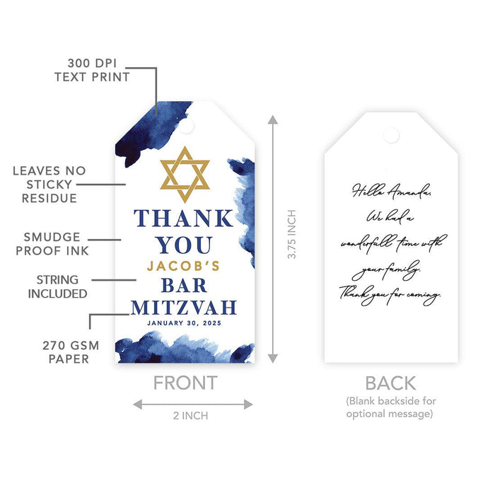 Custom Bar/Bat Mitzvah Favor Tags with String, Thank You Gift Tags for Party Favors, Set of 60-Set of 60-Andaz Press-Watercolor Blue-
