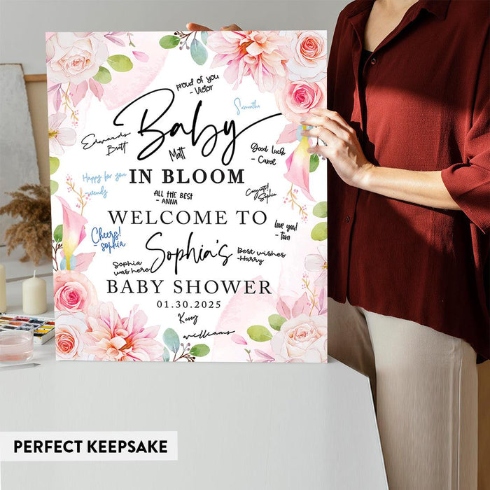 Custom Blooming Baby Shower: Floral Canvas Decor & Guest Book Alternative-Set of 1-Andaz Press-Pink Florals-