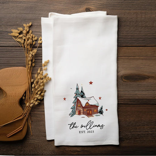 Custom Christmas Kitchen Towels, Flour Sack Tea Towel for Holiday Decor, Set of 1-Set of 1-Andaz Press-Winter Cabin Custom Family Name Est. Year-