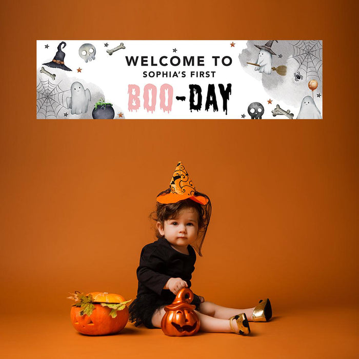 Custom Halloween 1st Birthday Banner, Backdrop Welcome Sign, Set of 1-Set of 1-Andaz Press-First Boo-Day-