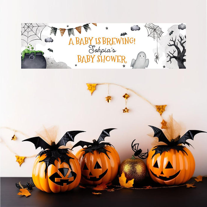 Custom Halloween Baby Shower Banner, Backdrop Welcome Sign, Set of 1-Set of 1-Andaz Press-A Baby Is Brewing-