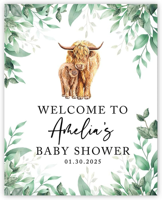 Custom Jungle Safari Baby Shower Canvas Welcome Signs-Set of 1-Andaz Press-Greenery Highland Cow-