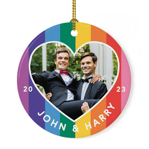 Custom Photo First LGBTQ Round Porcelain Christmas Ornament Keepsake, Set of 1-set of 1-Andaz Press-Rainbow Heart Photo-