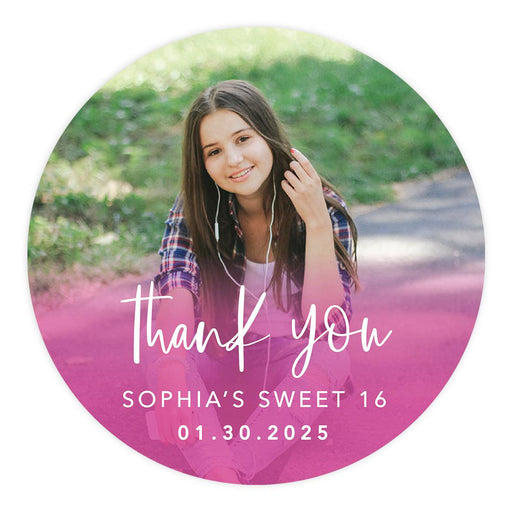 Custom Photo Round Sweet 16 Thank You Favor Stickers, Set of 40-Set of 40-Andaz Press-Ombre Fuchsia-