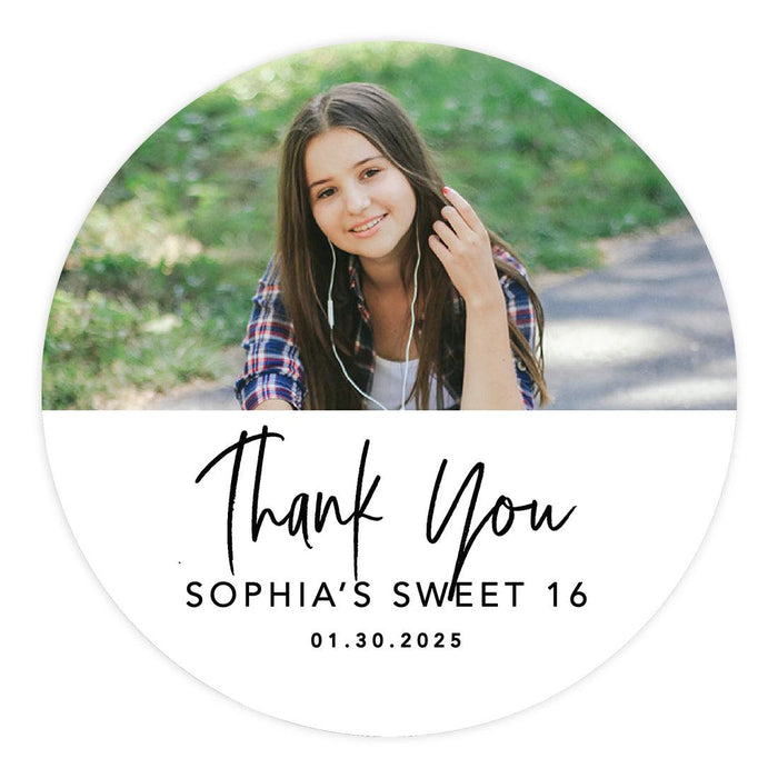 Custom Photo Round Sweet 16 Thank You Favor Stickers, Set of 40-Set of 40-Andaz Press-Script Thank You-