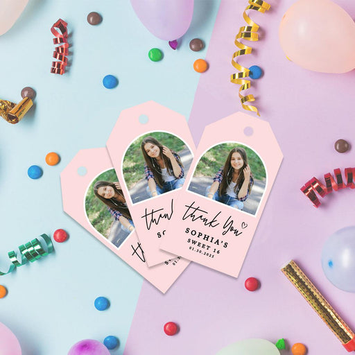Custom Photo Sweet 16 Thank You Favor Tags with String, Set of 60-Set of 61-Andaz Press-Modern Half Arch-