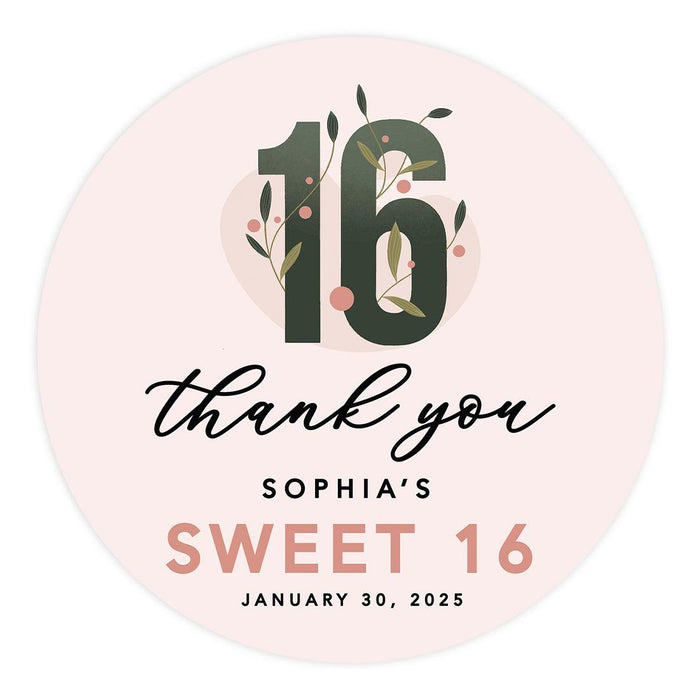 Custom Round Sweet 16 Thank You Favor Stickers, Set of 40-Set of 40-Andaz Press-Abstract Floral-