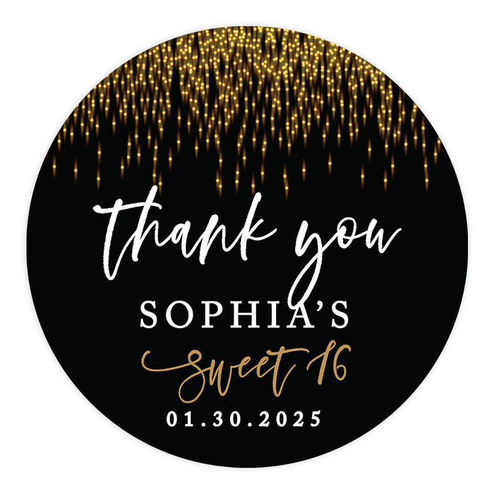 Custom Round Sweet 16 Thank You Favor Stickers, Set of 40-Set of 40-Andaz Press-Black & Gold-