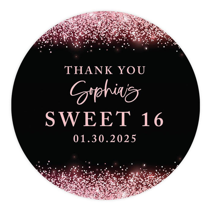 Custom Round Sweet 16 Thank You Favor Stickers, Set of 40-Set of 40-Andaz Press-Black & Rose Gold Glitter-