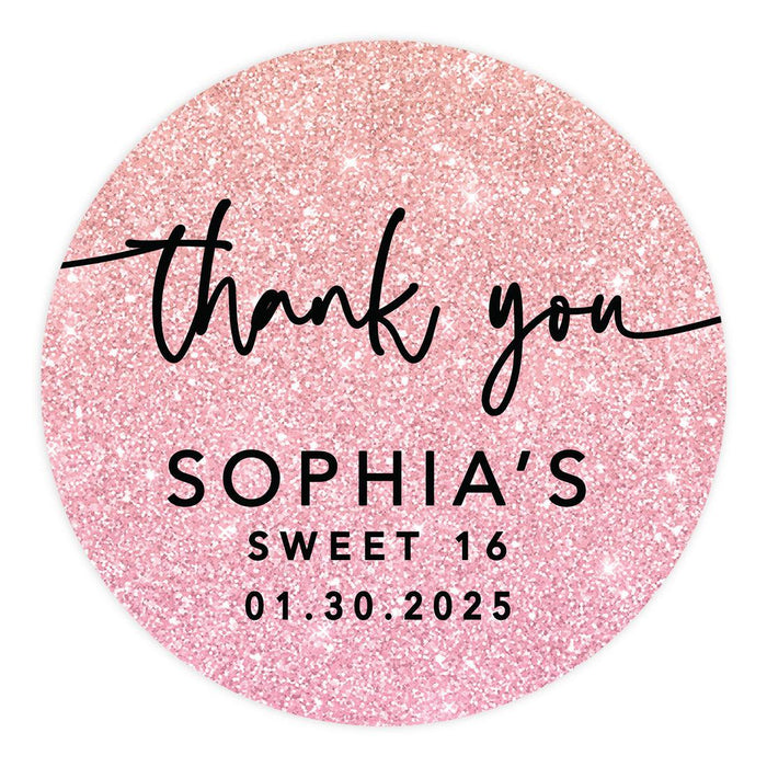 Custom Round Sweet 16 Thank You Favor Stickers, Set of 40-Set of 40-Andaz Press-Blush Pink Glitter-