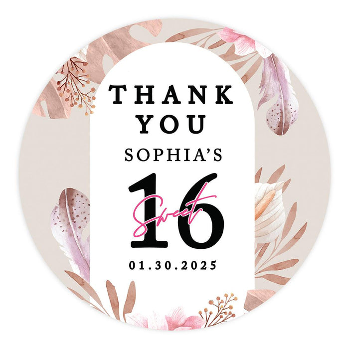 Custom Round Sweet 16 Thank You Favor Stickers, Set of 40-Set of 40-Andaz Press-Boho Florals-