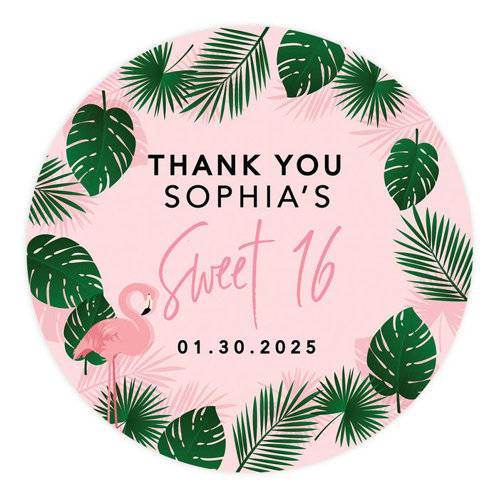 Custom Round Sweet 16 Thank You Favor Stickers, Set of 40-Set of 40-Andaz Press-Flamingo Tropical-