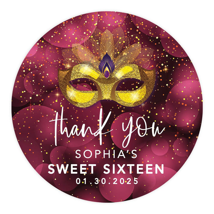 Custom Round Sweet 16 Thank You Favor Stickers, Set of 40-Set of 40-Andaz Press-Masquerade-