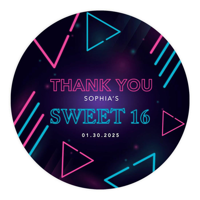 Custom Round Sweet 16 Thank You Favor Stickers, Set of 40-Set of 40-Andaz Press-Neon Lights-