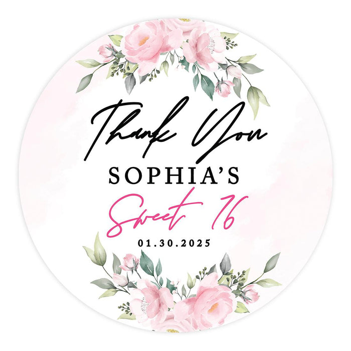Custom Round Sweet 16 Thank You Favor Stickers, Set of 40-Set of 40-Andaz Press-Pink Florals-