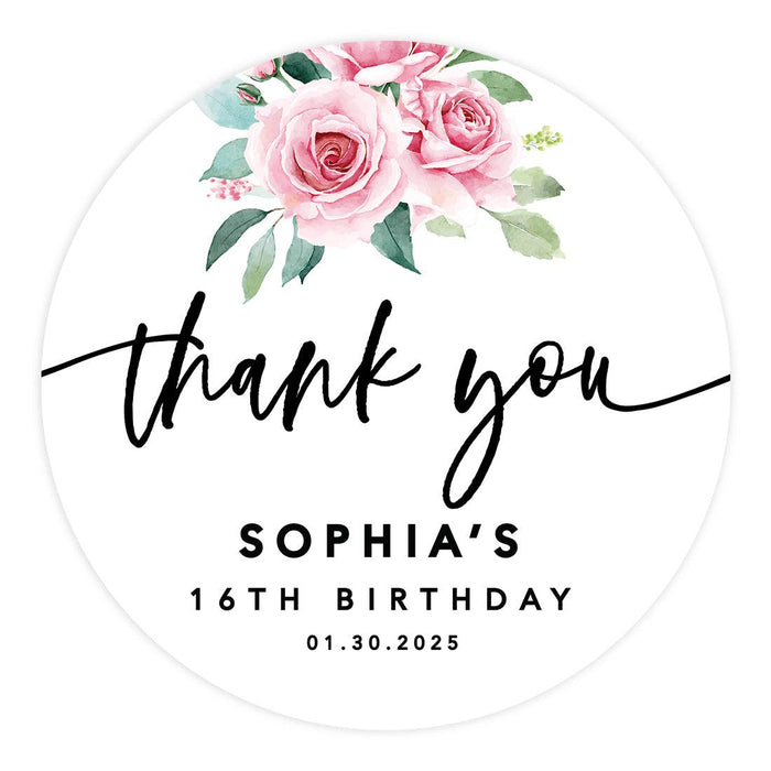 Custom Round Sweet 16 Thank You Favor Stickers, Set of 40-Set of 40-Andaz Press-Pink Roses-