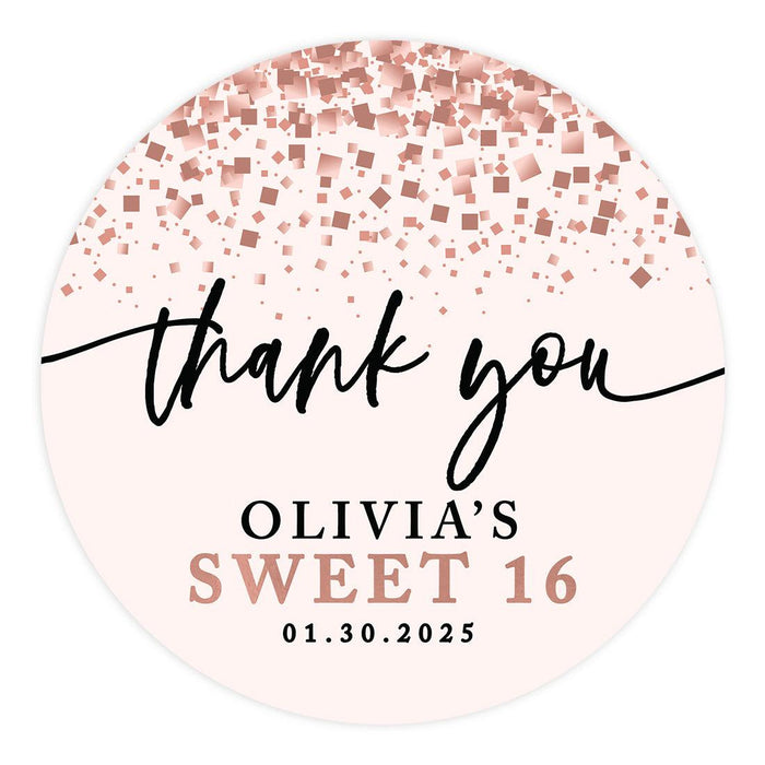 Custom Round Sweet 16 Thank You Favor Stickers, Set of 40-Set of 40-Andaz Press-Rose Gold Confetti-
