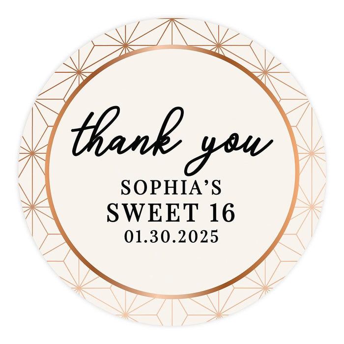 Custom Round Sweet 16 Thank You Favor Stickers, Set of 40-Set of 40-Andaz Press-Rose Gold Geometric-