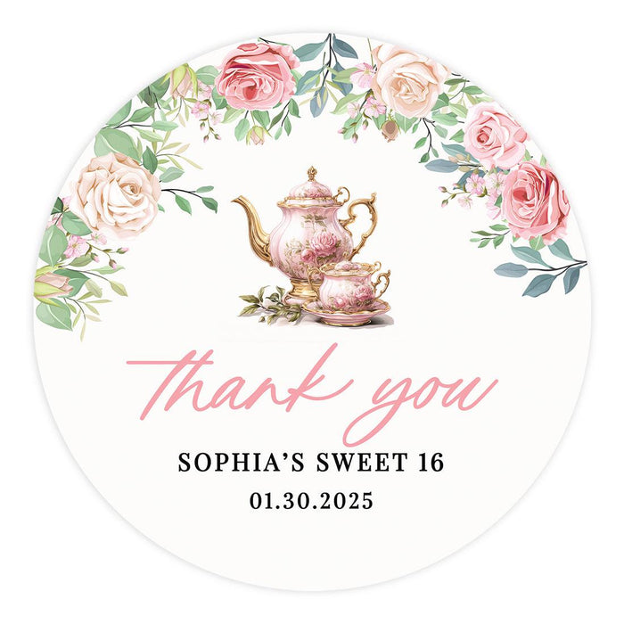 Custom Round Sweet 16 Thank You Favor Stickers, Set of 40-Set of 40-Andaz Press-Tea Party-