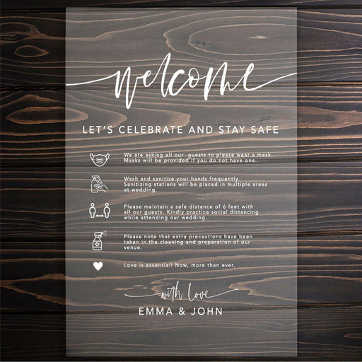 Custom Social Distance Clear Acrylic Wedding Party Signs, White Text, 16 x 24 Inches-Set of 1-Andaz Press-Welcome Text-