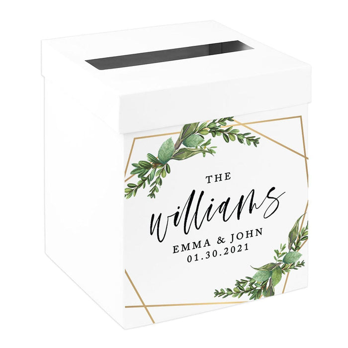 Custom Sturdy White Wedding Day Card Box-Set of 1-Andaz Press-Geometric Leaf Frame.-