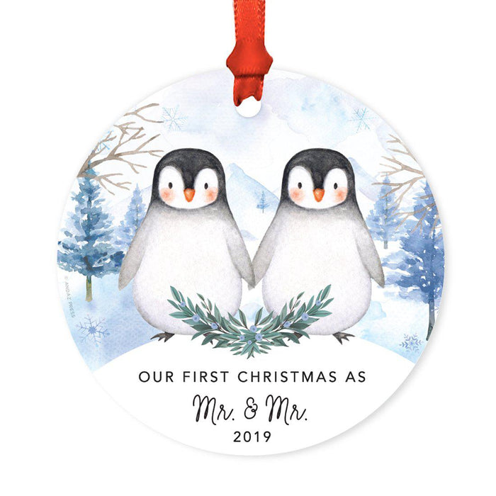 Custom Year Family Round Metal Christmas Keepsake Ornament, Watercolor Winter Penguins on Snow Design 1-Set of 1-Andaz Press-Mr. & Mr.-