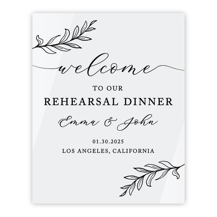 Elegant Custom White Acrylic Welcome Sign for Wedding Rehearsal Dinner, 16 x 20 Inches-Set of 1-Andaz Press-Laurel Leaves-