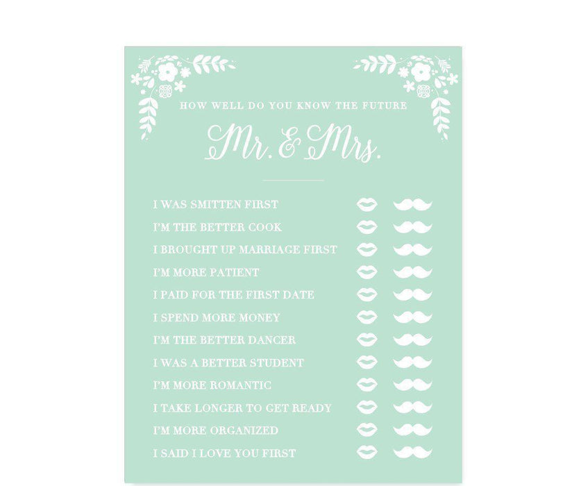 Floral Mint Green Wedding Bridal Shower Game Cards-Set of 20-Andaz Press-How Well Do You Know The Future Mr./Mrs.?-
