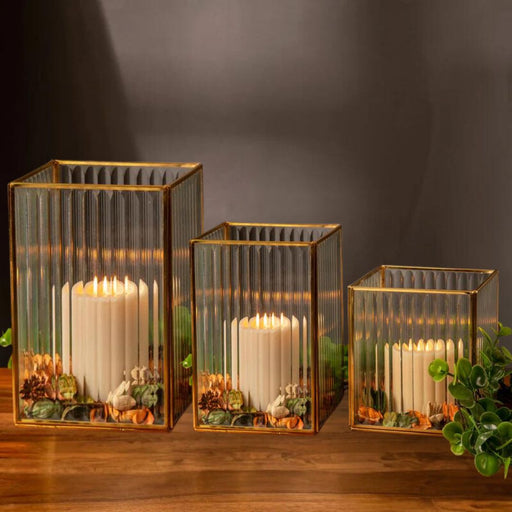 Glass Ribbed Hurricane Candle Holders, Set of 3-Set of 3-Koyal Wholesale-Gold-