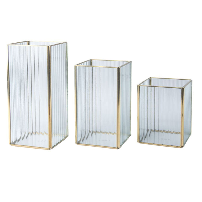 Glass Ribbed Hurricane Candle Holders, Set of 3-Set of 3-Koyal Wholesale-Gold-