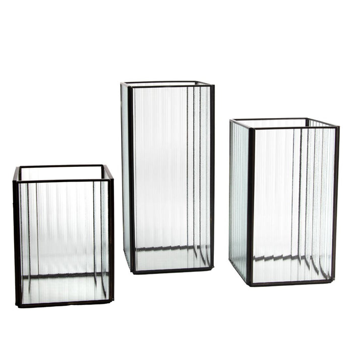 Glass Ribbed Hurricane Candle Holders, Set of 3-Set of 3-Koyal Wholesale-Black-