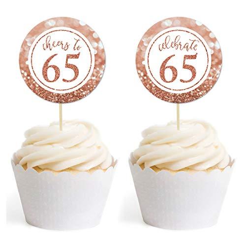 Glitzy Faux Rose Gold Glitter Round DIY Cupcake Toppers Cheers to 65 Years-Set of 20-Andaz Press-