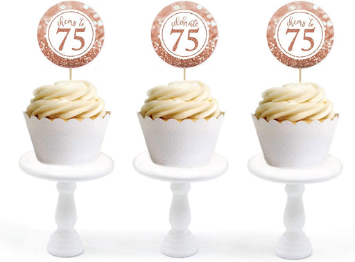 Glitzy Faux Rose Gold Glitter Round DIY Cupcake Toppers Cheers to 75 Years-Set of 20-Andaz Press-