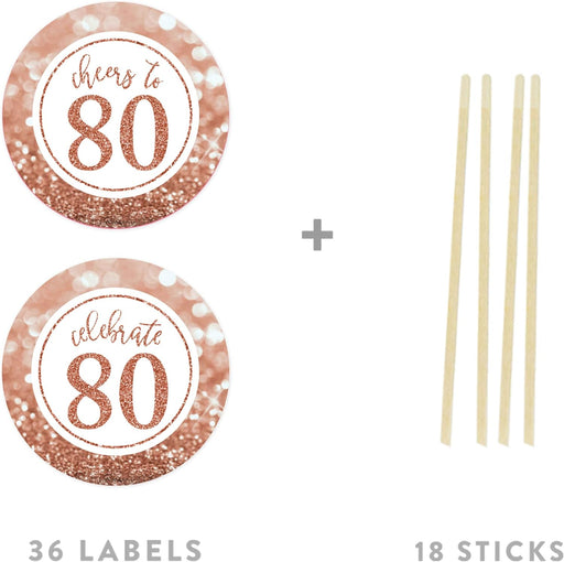 Glitzy Faux Rose Gold Glitter Round DIY Cupcake Toppers Cheers to 80 Years-Set of 20-Andaz Press-