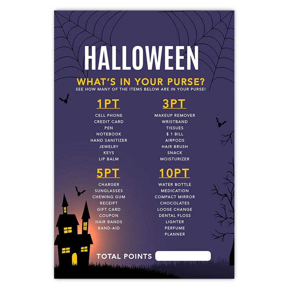 Halloween Party Game Cards for Fun Activities, Set of 24-Set of 24-Andaz Press-Illuminated Haunted House What's in Your Purse-