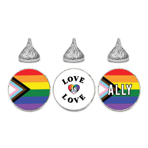 LGBTQ Pride Party Favors, Bulk Chocolate Drop Labels, Set of 240-Set of 240-Andaz Press-Progress, Love Is Love, & Ally Pride Flag-
