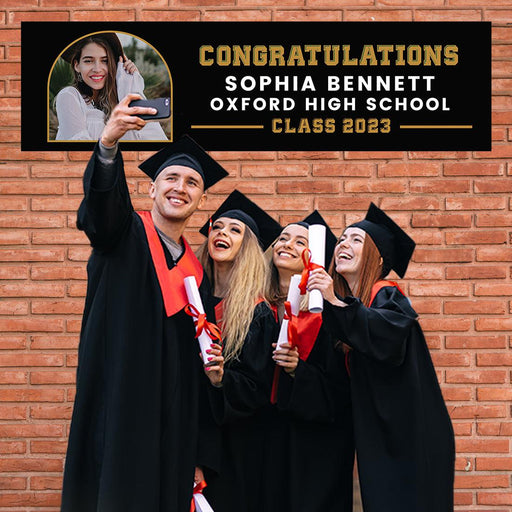Large Custom Photo Graduation Banner Sign with Glue Dots, Set of 1-Set of 1-Andaz Press-Congratulations Arch Black & Gold-