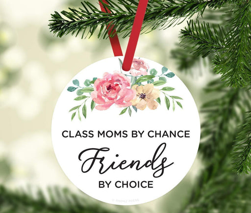 Metal Christmas Ornament PTA Mom Preschool Elementary School, Class Moms By Chance, Friends by Choice, Floral Graphic-Set of 1-Andaz Press-PTA Mom Preschool Elementary School Class Moms By Chance Friends by Choice Floral Graphic-