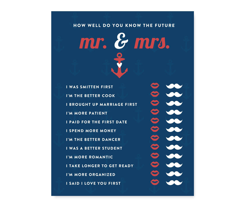 Nautical Ocean Adventure Wedding Bridal Shower Game Cards-Set of 20-Andaz Press-How Well Do You Know The Future Mr./Mrs.?-