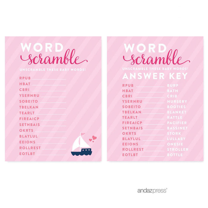 Pink Girl Nautical Baby Shower Games & Fun Activities-Set of 20-Andaz Press-Word Scramble-