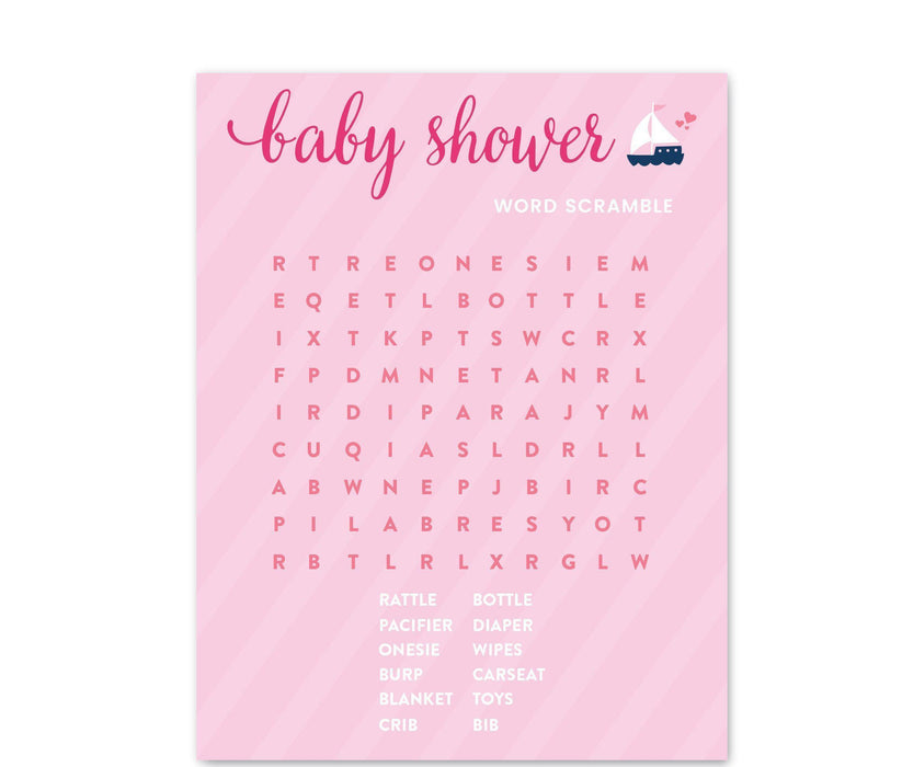 Pink Girl Nautical Baby Shower Games & Fun Activities-Set of 20-Andaz Press-Word Search-