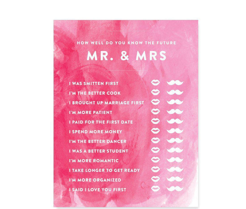 Pink Watercolor Wedding Bridal Shower Game Cards-Set of 20-Andaz Press-How Well Do You Know The Future Mr./Mrs.?-