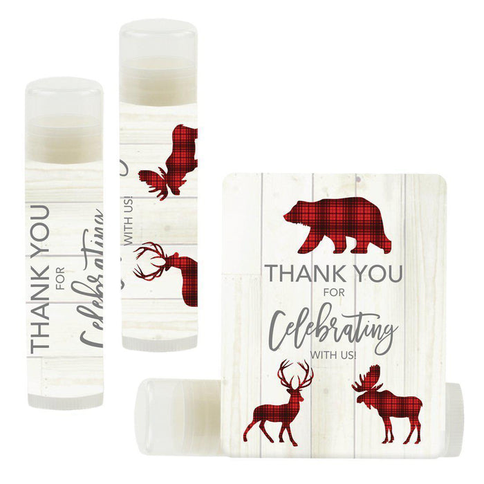 Set of 12 Lip Balm Birthday Party Favors, Thank You for Celebrating with Us-Set of 12-Andaz Press-Lumberjack Red Plaid Animals-