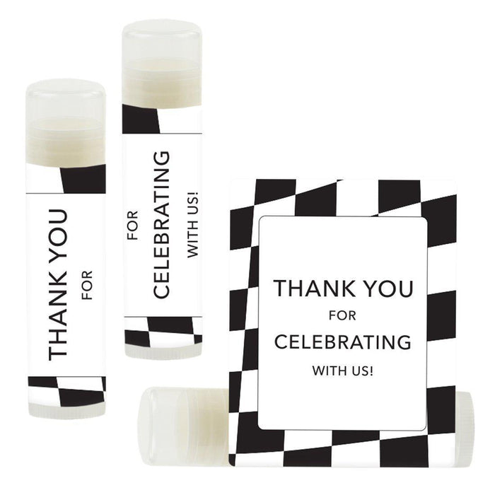 Set of 12 Lip Balm Birthday Party Favors, Thank You for Celebrating with Us-Set of 12-Andaz Press-Race Car Checkers-